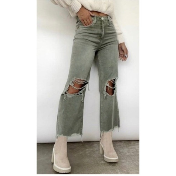 Vervet Denim - Vervet‎ Los Angeles Sage Green Distressed Wide Leg Jeans V2738 Womens Size 26